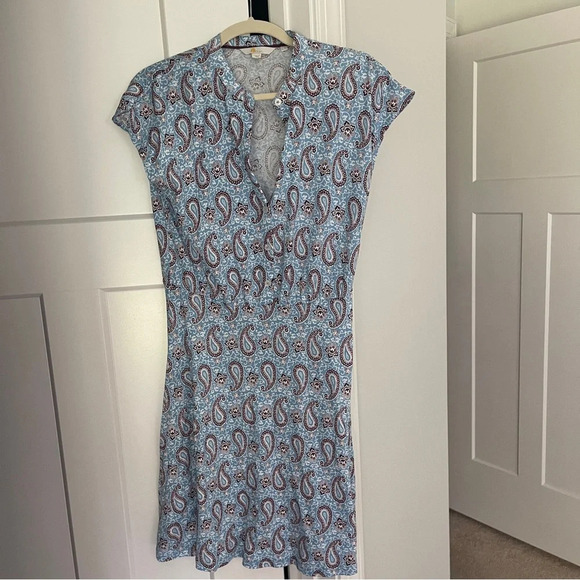 Boden Paisley Cap Sleeve Blue Dress V Neck Button Flippy Jersey - Picture 2 of 5
